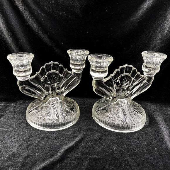 Vintage Art Deco Jeannette Glass Candlestick Holders Iris Herringbone Set of 2 - Picture 3 of 6